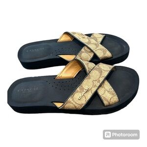 COACH Janine Criss Cross Slide Sandals Khaki Logo Women Size 7